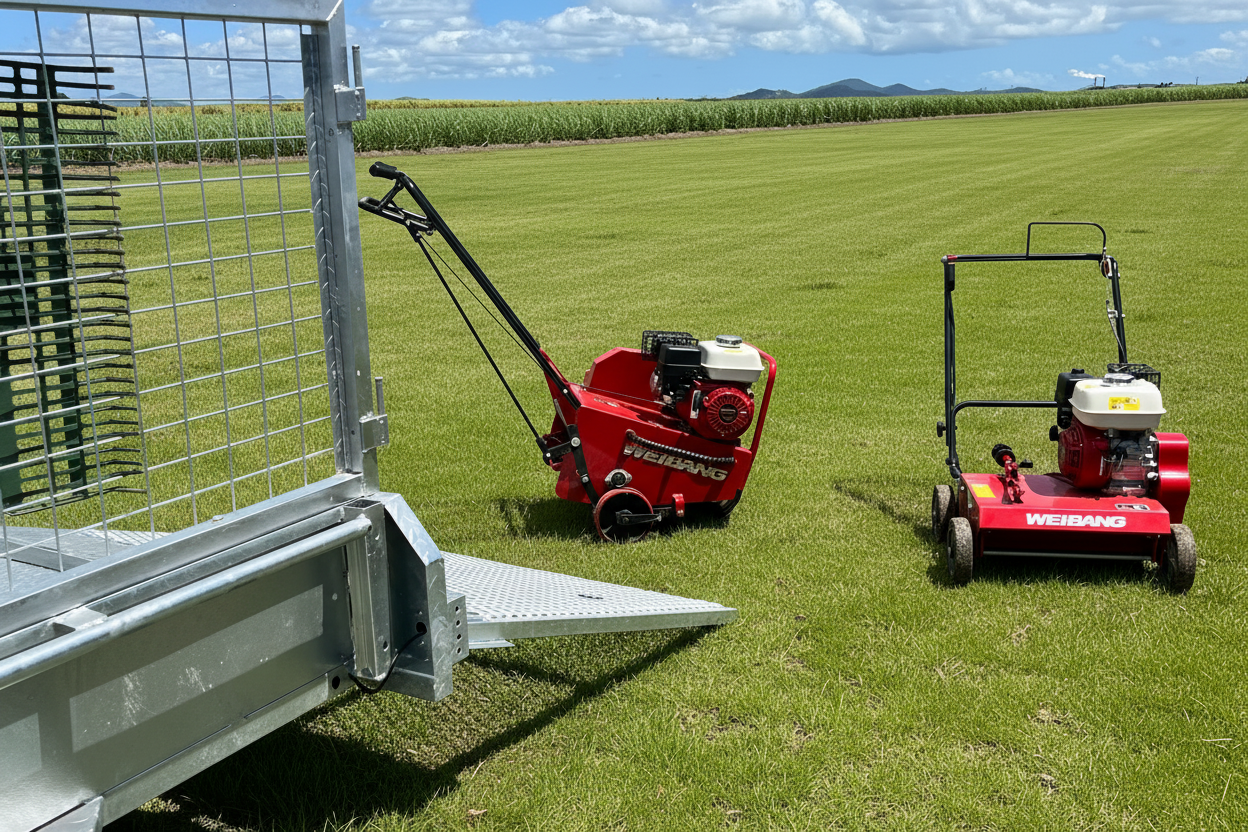 Lawn Care Trailer Hire Mackay | Aerator + Dethatcher + Rakes Included