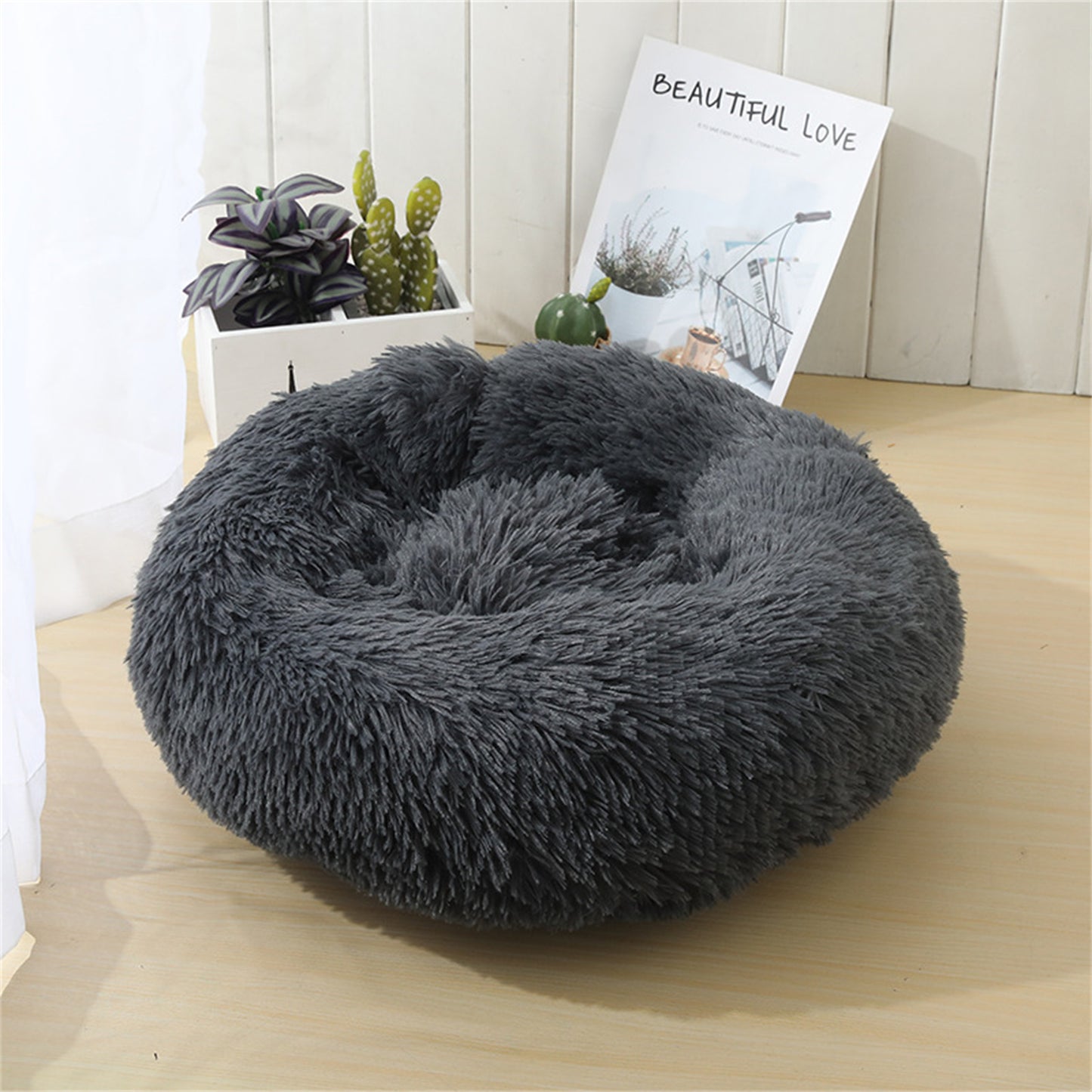 Dog Pet Cat Calming Bed Warm Plush Round Nest Comfy Sleeping Bed Dark Grey 90cm