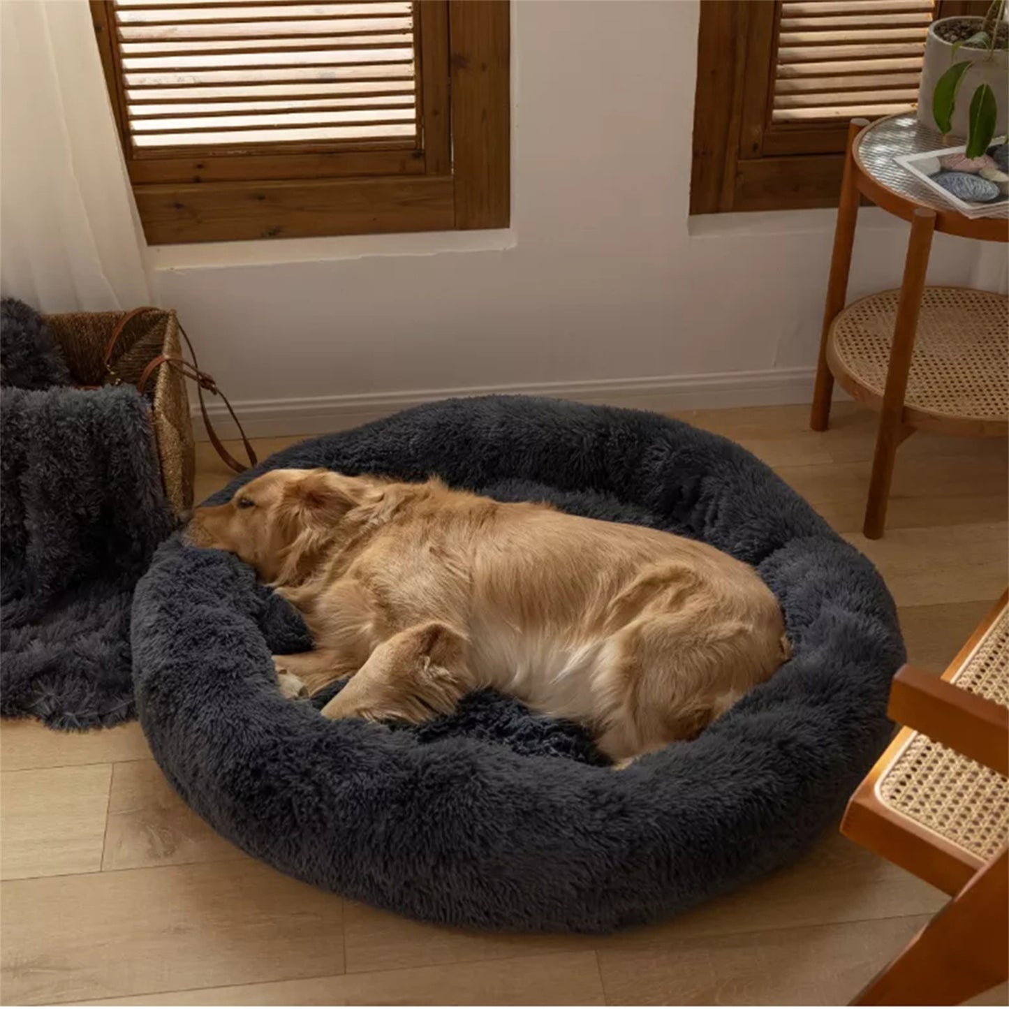 Dog Pet Cat Calming Bed Warm Plush Round Nest Comfy Sleeping Bed Dark Grey 90cm