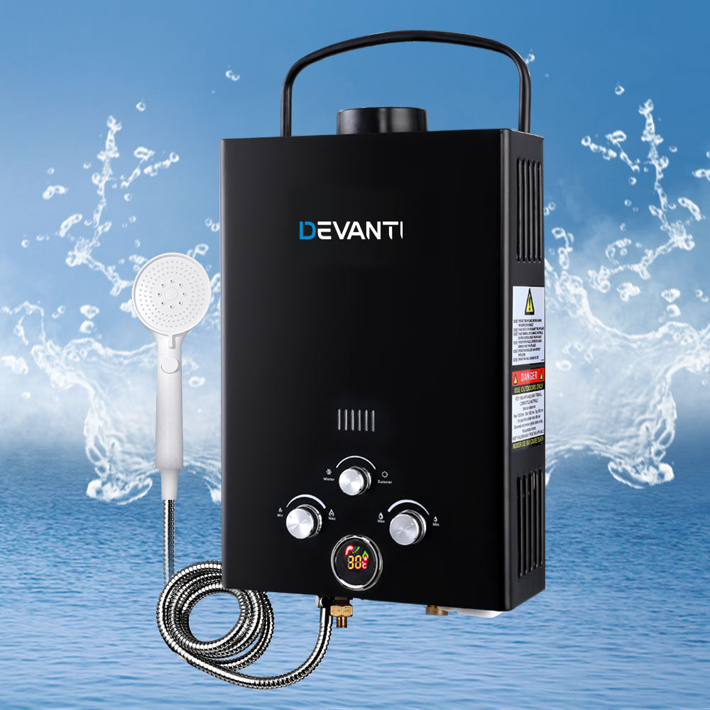 Devanti Outdoor Portable Gas Water Heater 8LPM Camping Shower Black - MarKay Outdoors