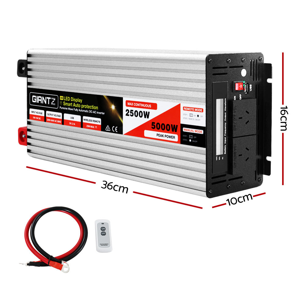 Giantz Power Inverter 12V to 240V 2500W/5000W Pure Sine Wave Camping Car Boat - MarKay Outdoors