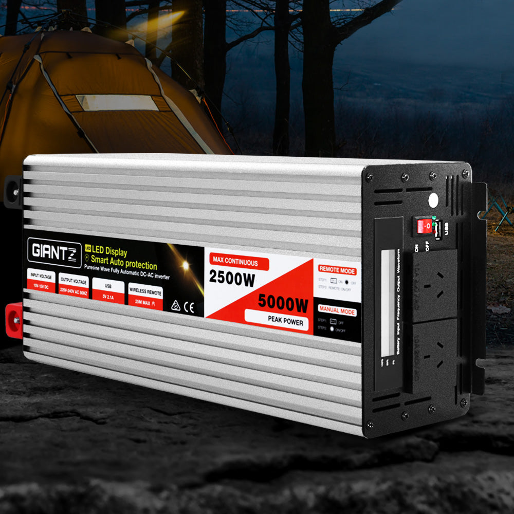 Giantz Power Inverter 12V to 240V 2500W/5000W Pure Sine Wave Camping Car Boat - MarKay Outdoors