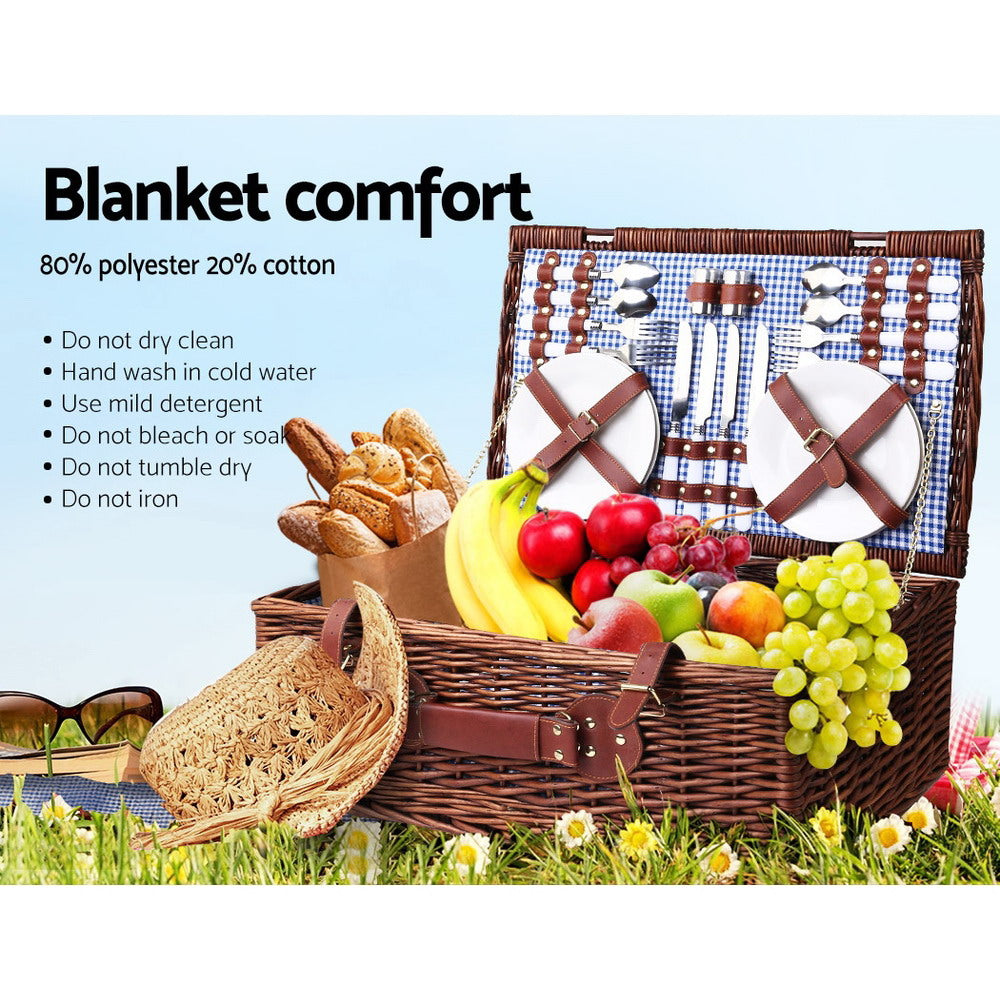 Alfresco 4 Person Picnic Basket Handle Baskets Outdoor Insulated Blanket - MarKay Outdoors