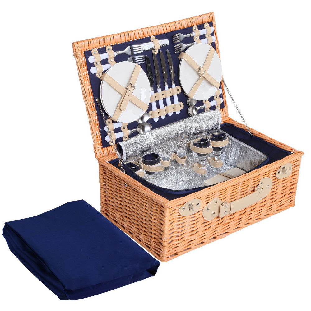 Alfresco 4 Person Picnic Basket Wicker Set Baskets Outdoor Insulated Blanket Navy - MarKay Outdoors