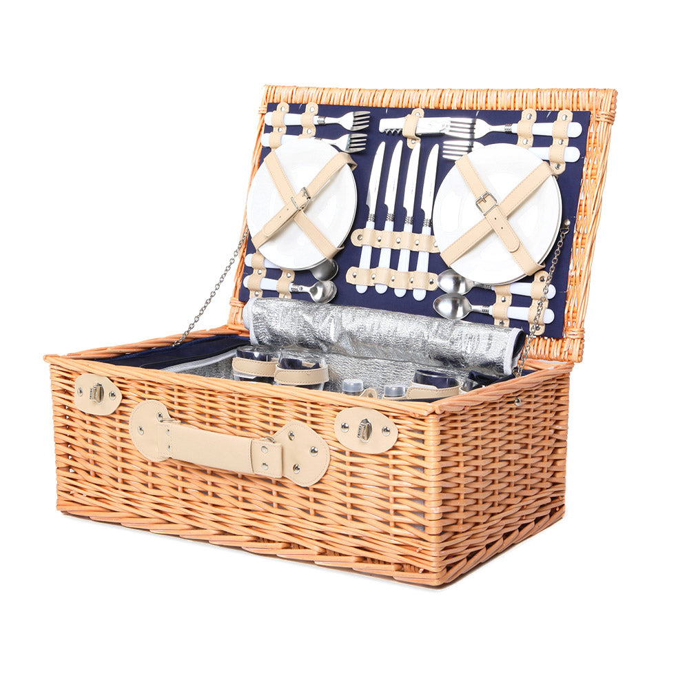 Alfresco 4 Person Picnic Basket Wicker Set Baskets Outdoor Insulated Blanket Navy - MarKay Outdoors