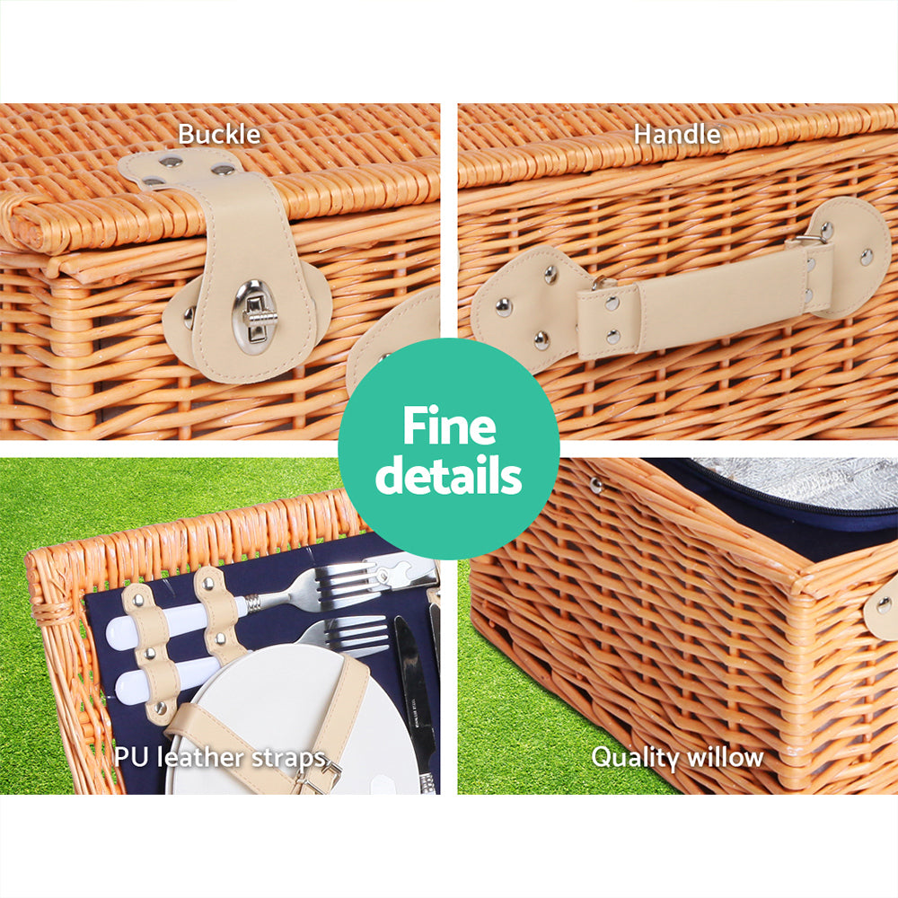 Alfresco 4 Person Picnic Basket Wicker Set Baskets Outdoor Insulated Blanket Navy - MarKay Outdoors