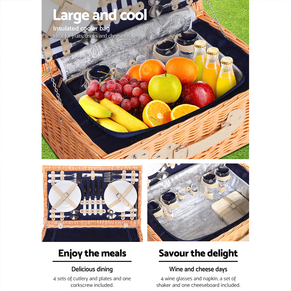 Alfresco 4 Person Picnic Basket Wicker Set Baskets Outdoor Insulated Blanket Navy - MarKay Outdoors