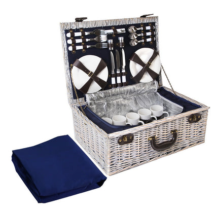 Alfresco 6 Person Picnic Basket Set Cooler Bag Wicker PU Fastening Straps Plates - MarKay Outdoors