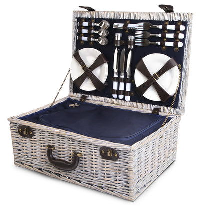 Alfresco 6 Person Picnic Basket Set Cooler Bag Wicker PU Fastening Straps Plates - MarKay Outdoors