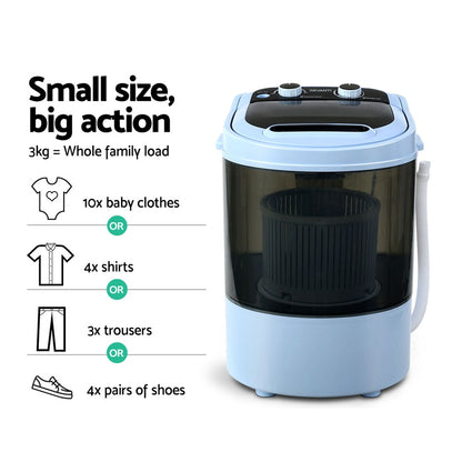 Devanti 3KG Mini Portable Washing Machine Shoes Wash Top Load Spin Camp Caravan - MarKay Outdoors