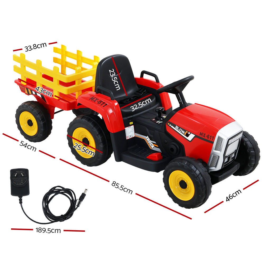 Rigo Ride On Car Tractor Trailer Toy Kids Electric Cars 12V Battery Red - MarKay Outdoors