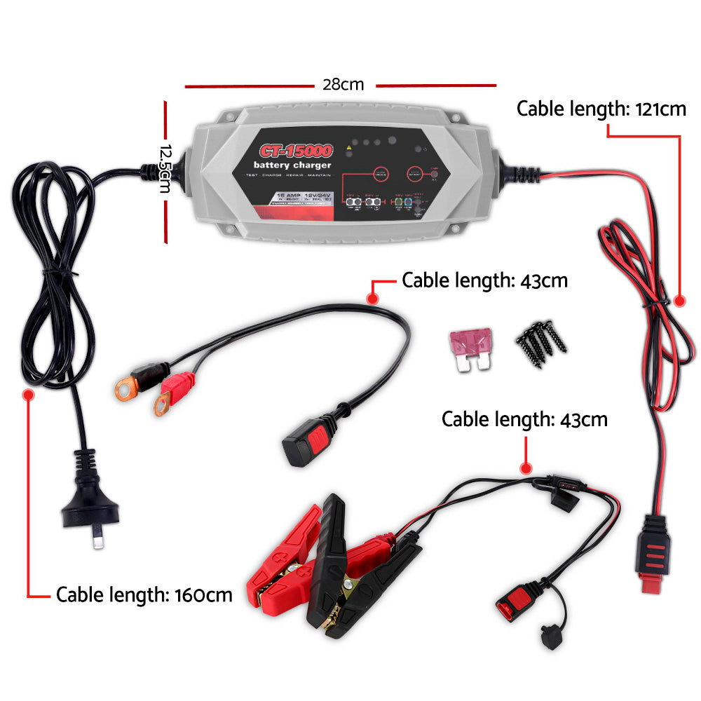 Smart Battery Charger 15A 12V 24V Automatic SLA AGM Car Truck Boat Motorcycle Caravan - MarKay Outdoors