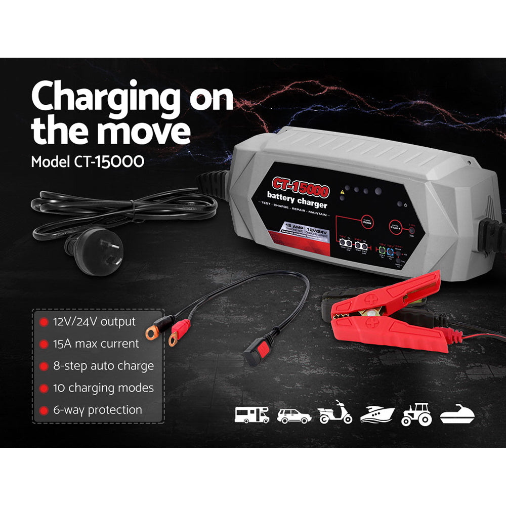 Smart Battery Charger 15A 12V 24V Automatic SLA AGM Car Truck Boat Motorcycle Caravan - MarKay Outdoors