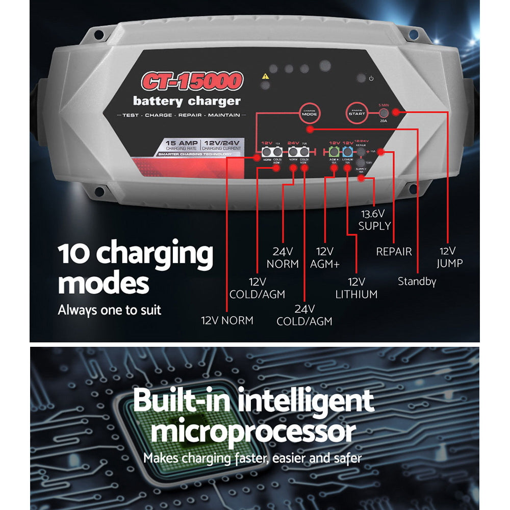 Smart Battery Charger 15A 12V 24V Automatic SLA AGM Car Truck Boat Motorcycle Caravan - MarKay Outdoors