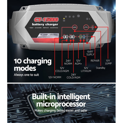 Smart Battery Charger 15A 12V 24V Automatic SLA AGM Car Truck Boat Motorcycle Caravan - MarKay Outdoors