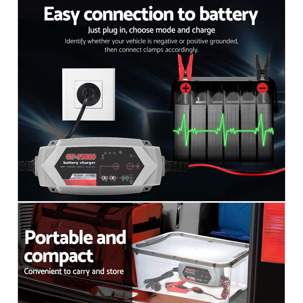 Smart Battery Charger 15A 12V 24V Automatic SLA AGM Car Truck Boat Motorcycle Caravan - MarKay Outdoors