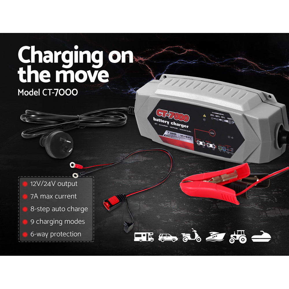 Smart Battery Charger 7A 12V 24V Automatic SLA AGM Car Truck Boat Motorcycle Caravan - MarKay Outdoors