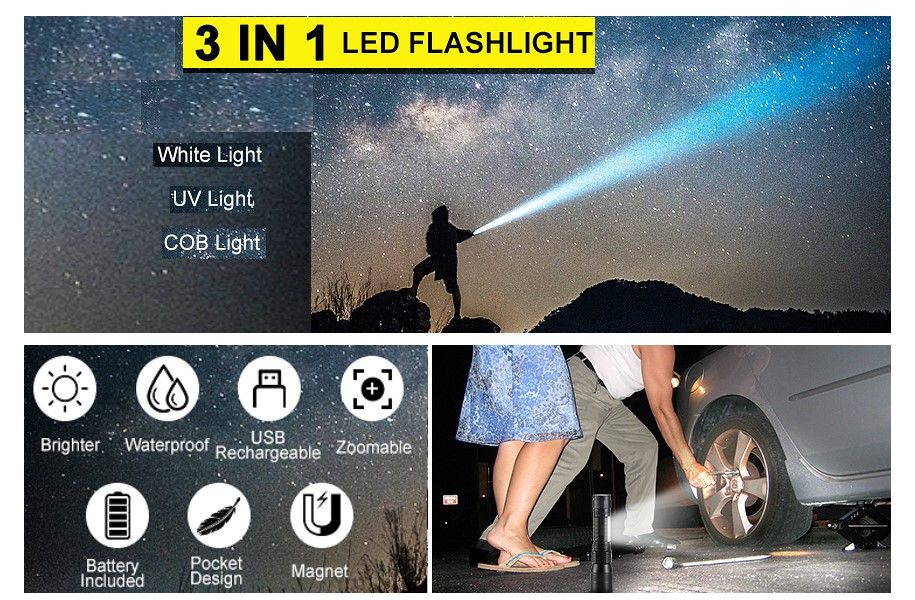 7 Modes Waterproof Rechargeable UV Light Flashlight Torch for Camping - MarKay Outdoors