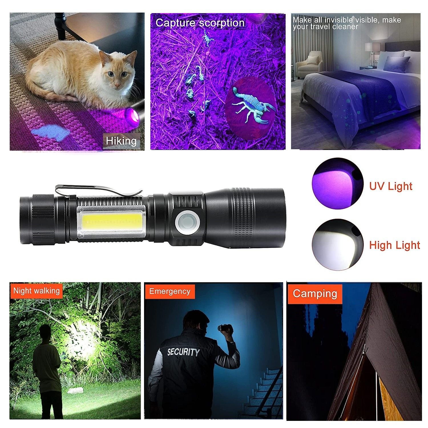 7 Modes Waterproof Rechargeable UV Light Flashlight Torch for Camping - MarKay Outdoors