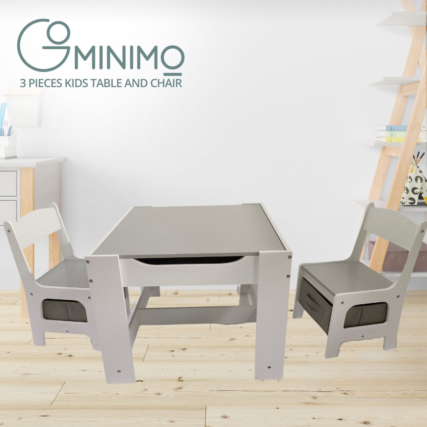 EKKIO 3PCS Kids Table and Chairs Set with Black Chalkboard (Grey) EK-KTCS-102-RHH