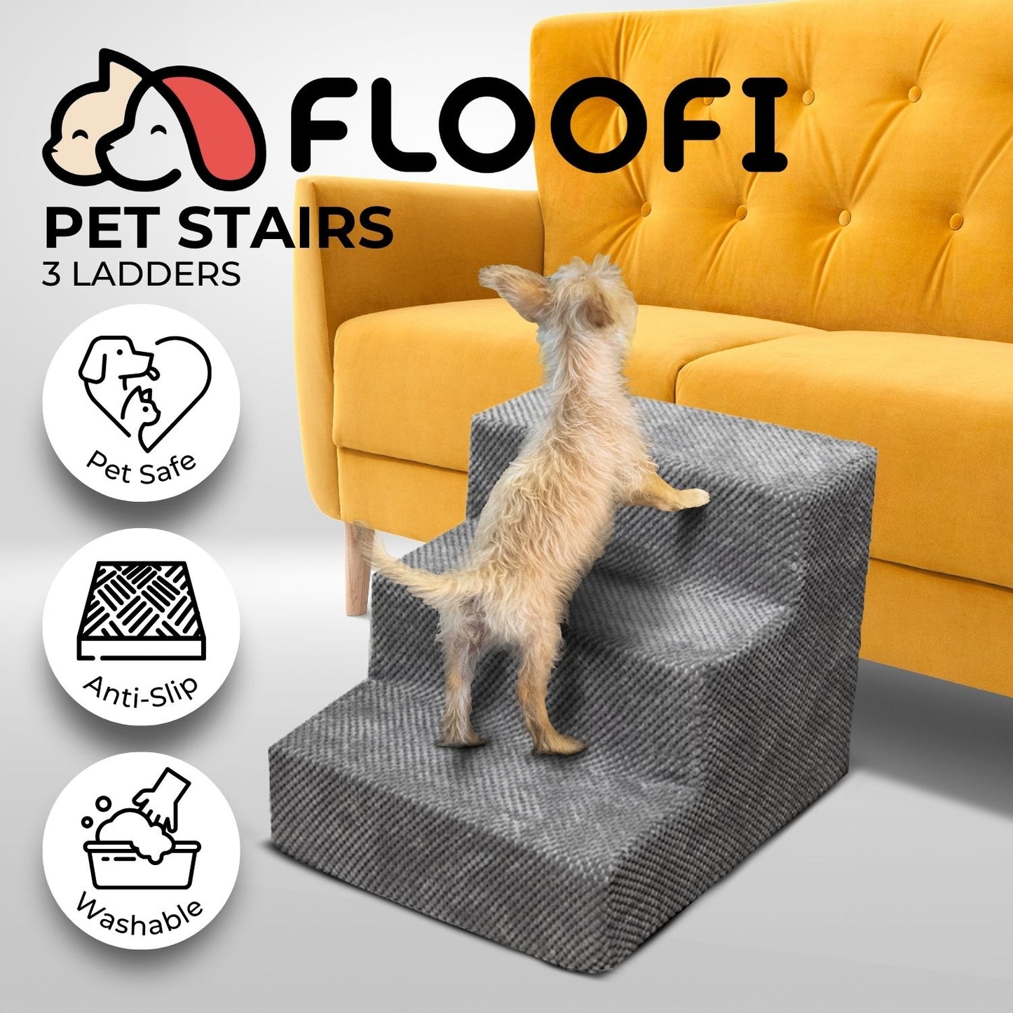 FLOOFI 3-Step Detachable Memory Foam Pet Stairs with Removable Washable Cover (Grey) FI-RS-102-CM