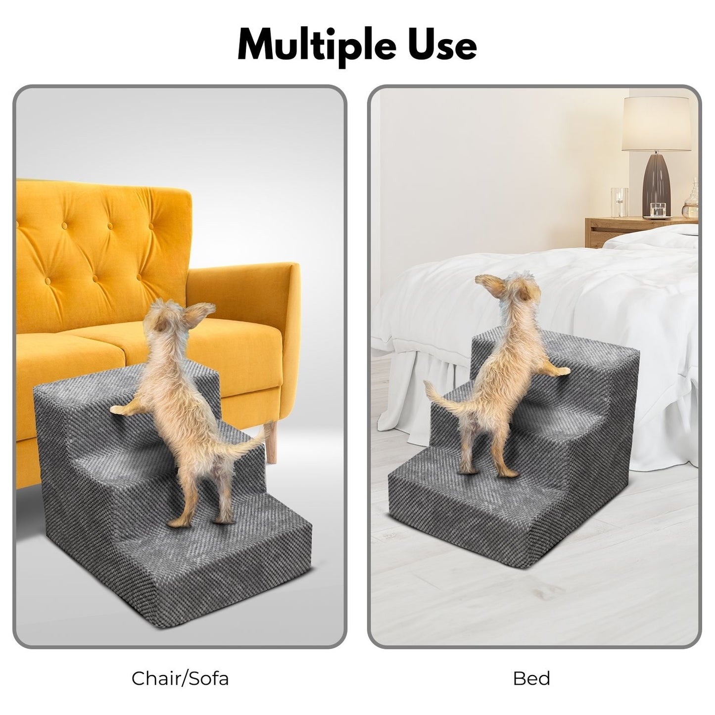 FLOOFI 3-Step Detachable Memory Foam Pet Stairs with Removable Washable Cover (Grey) FI-RS-102-CM