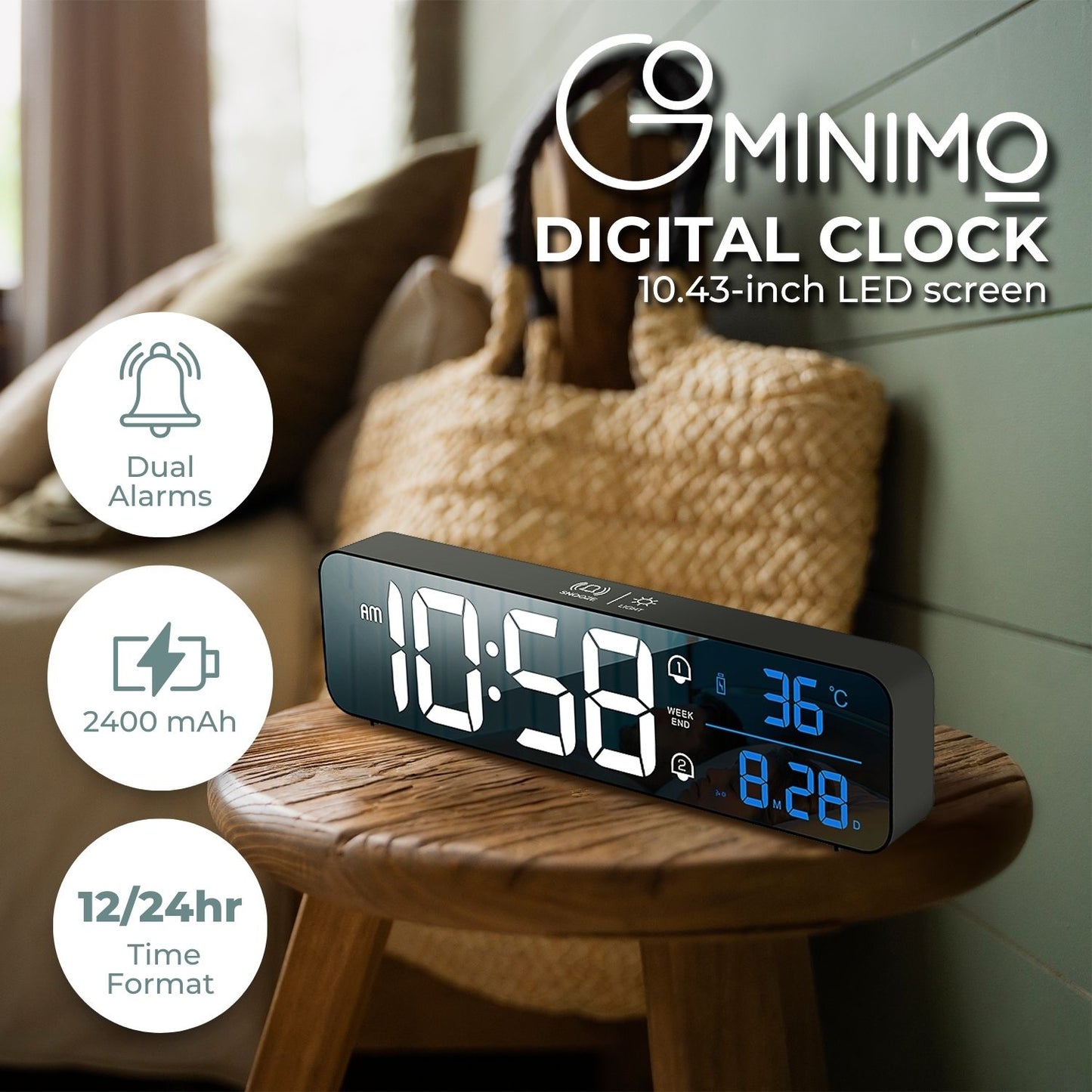 GOMINIMO Digital Clock Mirrored Black - GO-CK-103-FKT