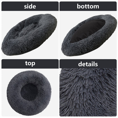 Dog Pet Cat Calming Bed Warm Plush Round  Nest Comfy Sleeping Bed Dark Grey 90cm