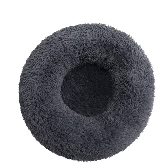 Dog Pet Cat Calming Bed Warm Plush Round  Nest Comfy Sleeping Bed Dark Grey 90cm