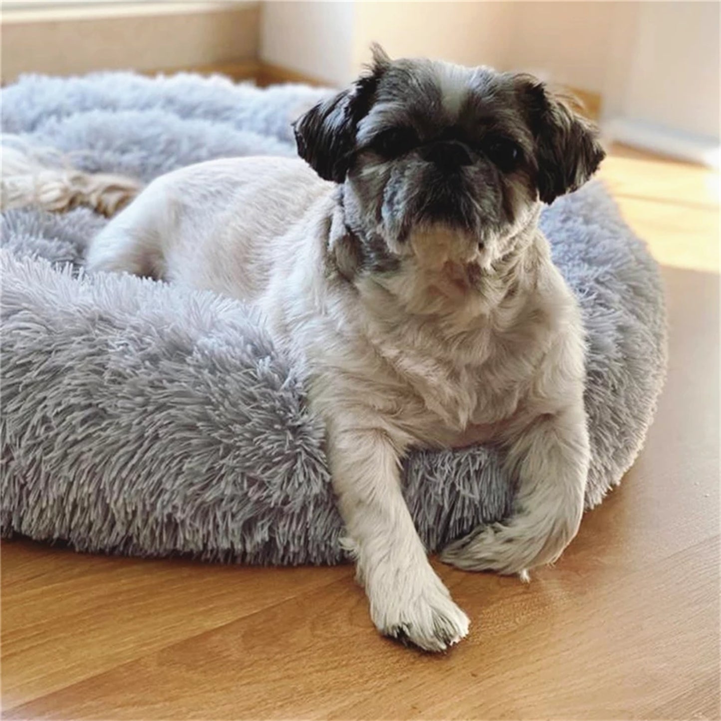 Pet Dog Bed Bedding Warm Plush Round Comfortable Dog Nest Light Grey M 70cm