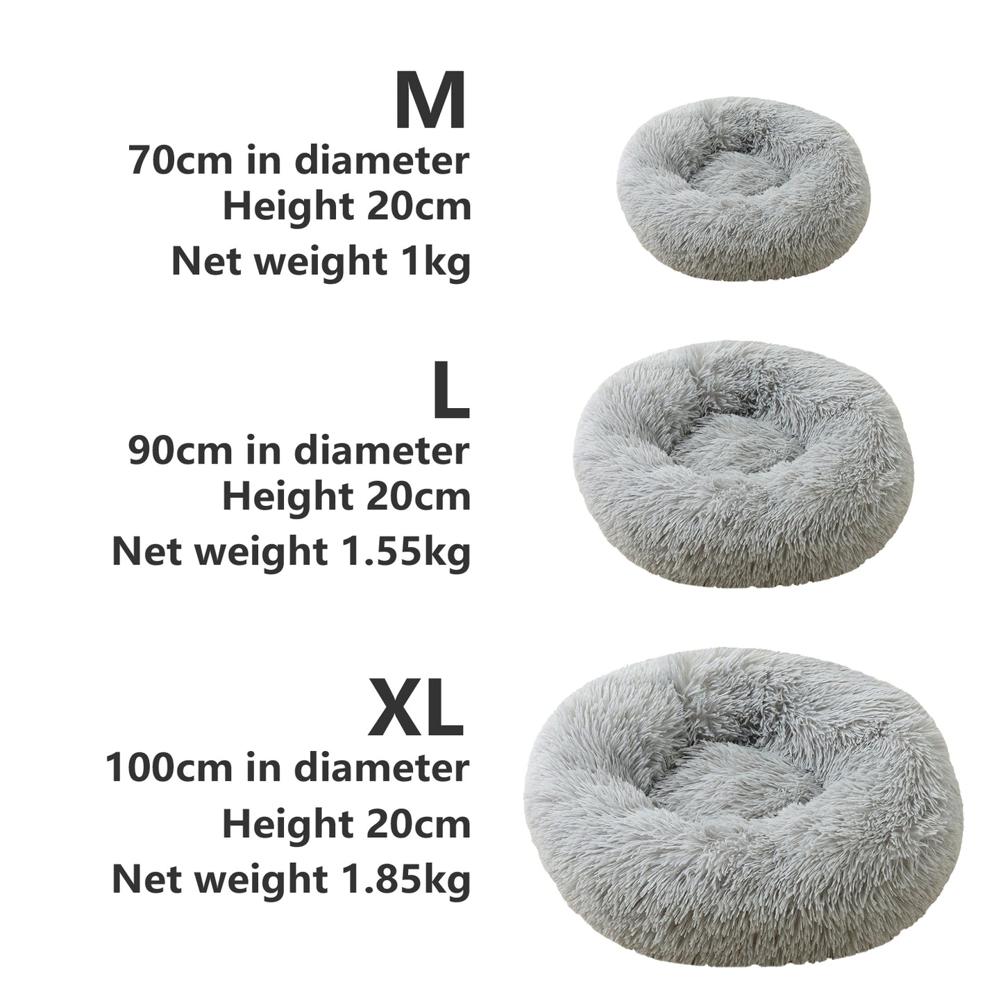 Pet Dog Bed Bedding Warm Plush Round Comfort Dog Nest Light Grey kennel XL 100cm