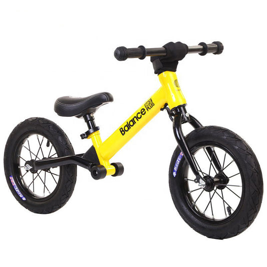 Bike Plus Kids Balance Bike Training Aluminium - Yellow with Suspension - 12" Rubber Tyres - Foot Pegs -Ride On No Pedal Push