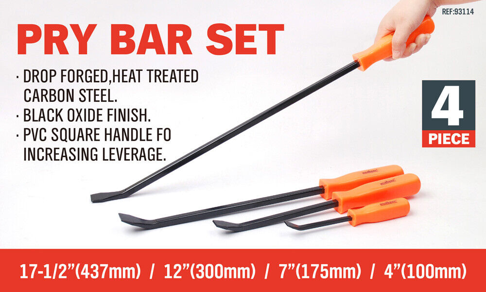 4Pc Steel Pry Bar Set Mechanic Nail Puller Pinch Breaker Wrecking Panel Beater