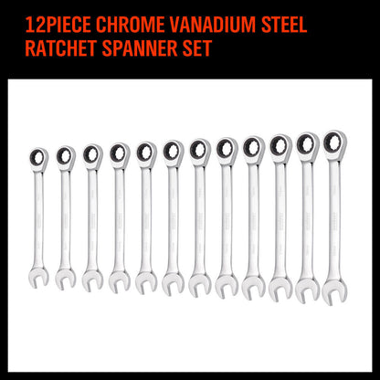 12Pc Ratchet Spanner Set Metric Open & Ring Wrenches 8-19mm CR-V + Rolling Bag