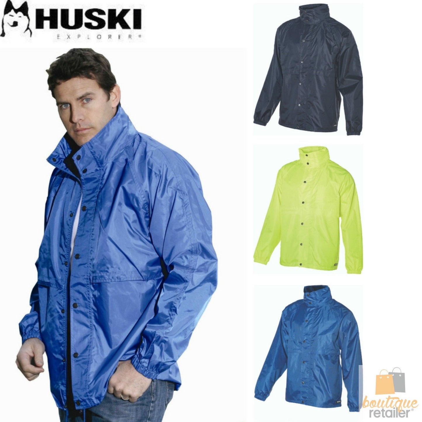 HUSKI STRATUS RAIN JACKET Waterproof Workwear Concealed Hood Windproof Packable - Navy Blue - M