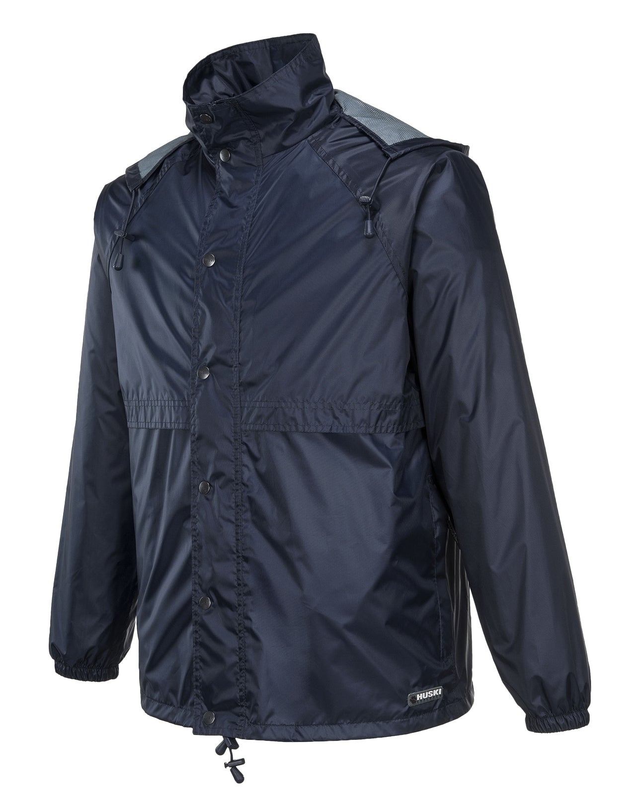 HUSKI STRATUS RAIN JACKET Waterproof Workwear Concealed Hood Windproof Packable - Navy Blue - S