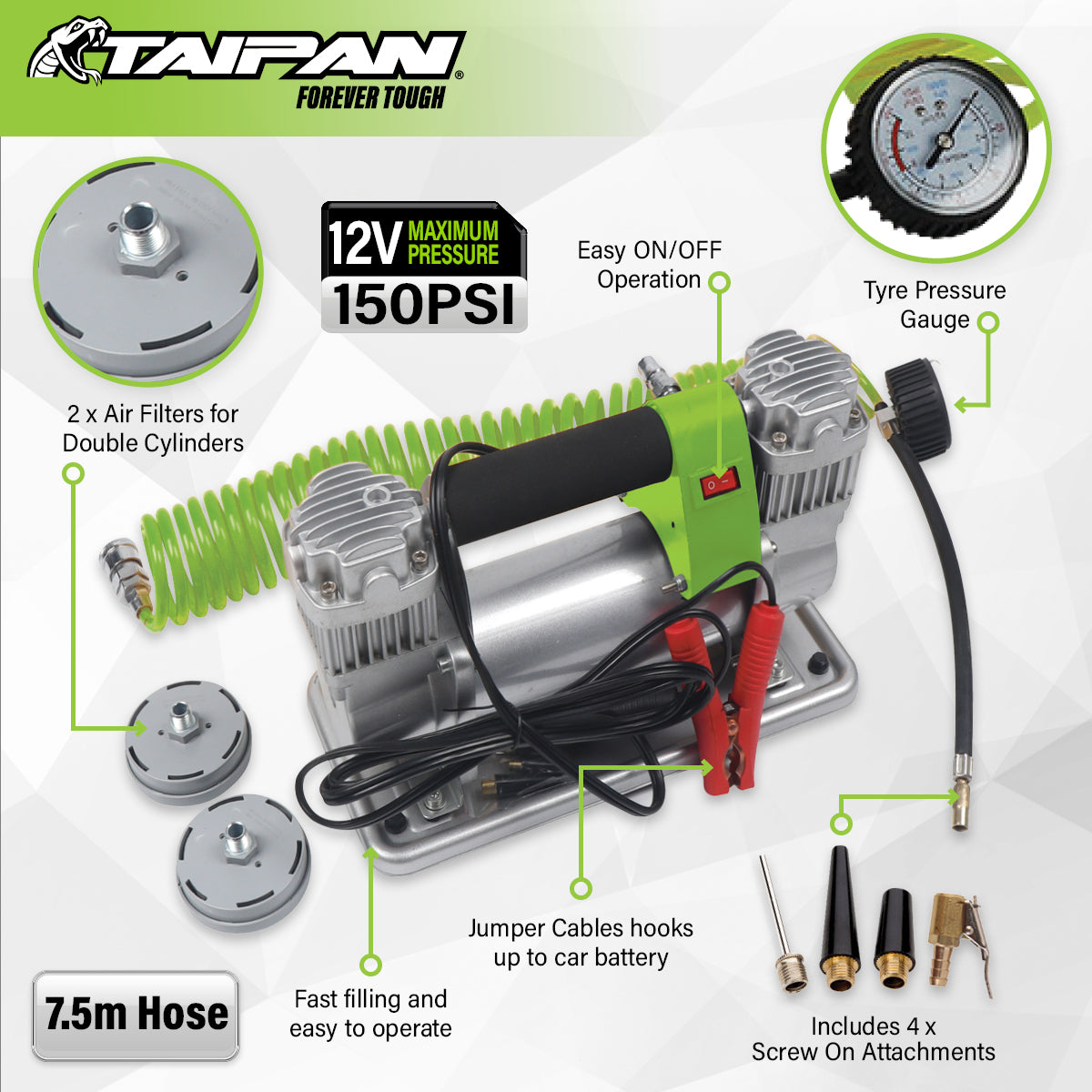 Taipan Air Compressor Portable 12V 150PSI LED Display Screen Various Nozzles - MarKay Outdoors